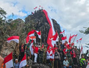 Kaminvetcad XIV-13/Bantaeng Bersama Kodim 1410 dan Masyarakat Kibarkan Merah Putih di Puncak Batu Ejayya